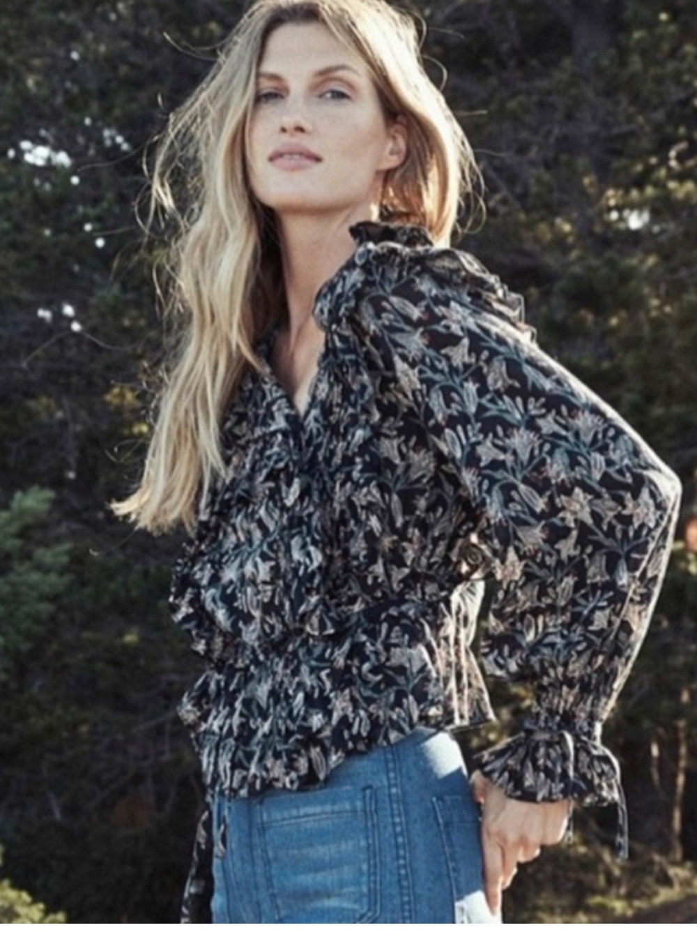 DÔEN Luca Black Lilium Floral Ruffle Tie Blouse XS